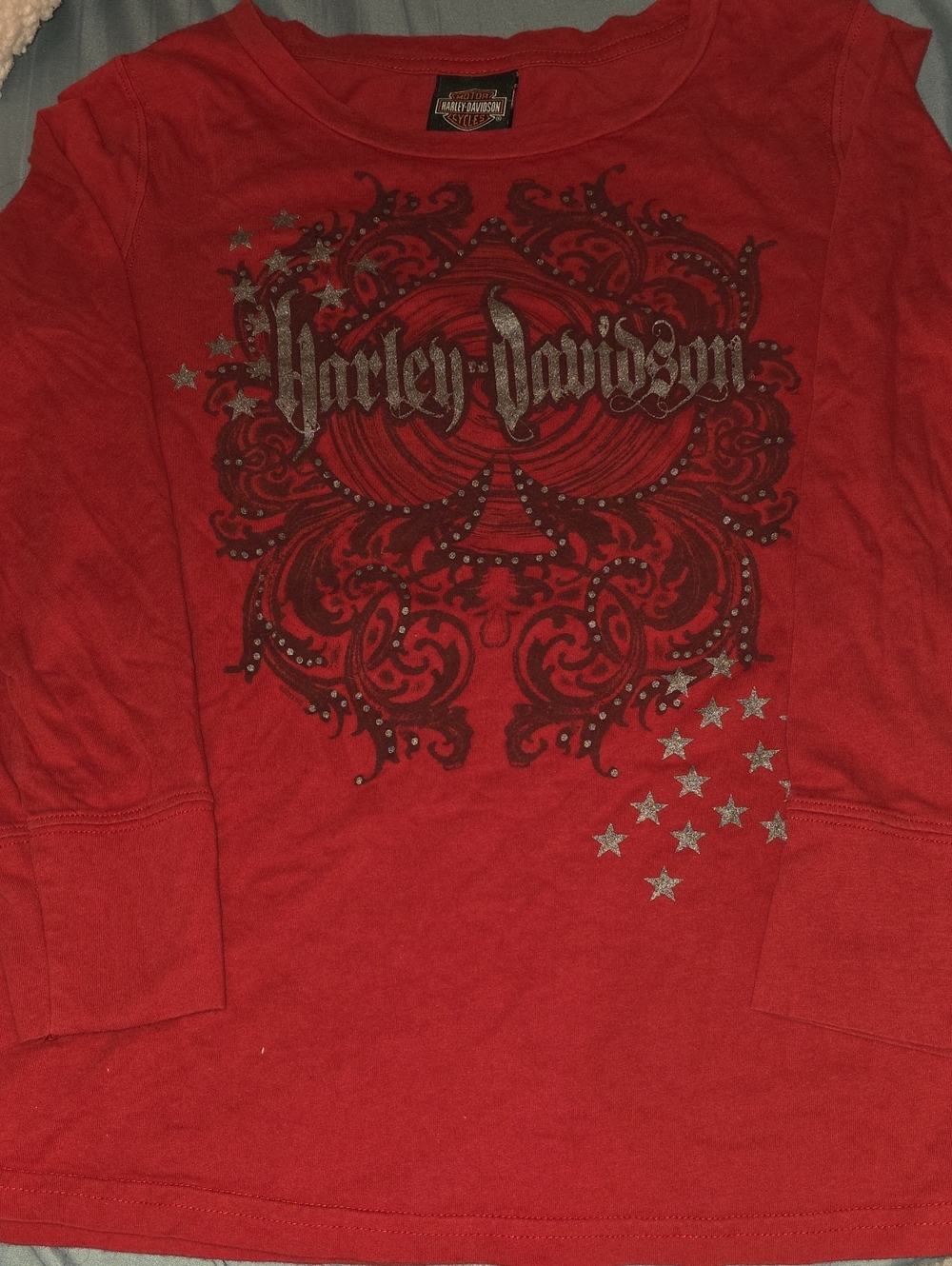 Harley-Davidson Red Long Sleeve Graphic Tee with Silver Stars